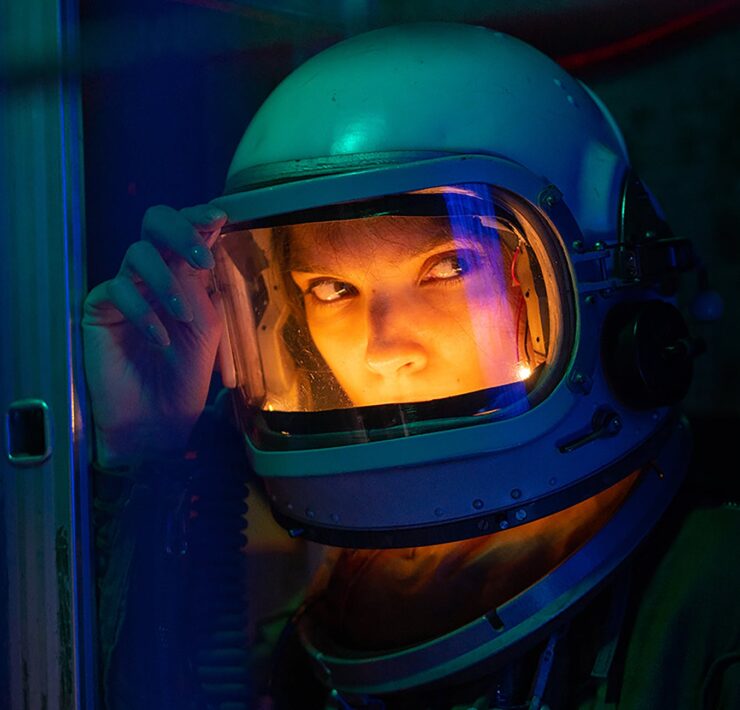 woman wearing blue helmet