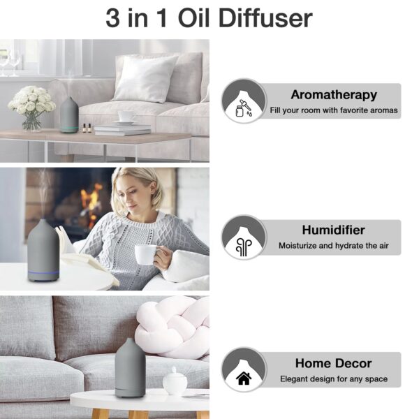 Essential Oil Diffuser Aromatherapy Diffuser - 100Ml Ceramic Ultrasonic Cool Mist Stone Diffuser, with Waterless Auto Shut-Off Protection, 4 Timer Setting &7 Colors Led Light for Home Office